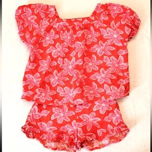 Tahari Girl Set Size 6 Pink coral Floral ruffle Hawaiian top shorts Outfit